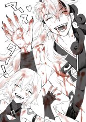 Rule 34 | 00e fgo, 1boy, 1girl, alternate hairstyle, ashiya douman (fate), ashiya douman (second ascension) (fate), asymmetrical hair, black eyes, black hair, blood, blood from mouth, blood on clothes, blood on face, blood on hands, blood stain, curly hair, earrings, fangs, fate/grand order, fate (series), fingernails, hair between eyes, hair intakes, jack the ripper (fate/apocrypha), jewelry, long hair, looking at viewer, magatama, magatama earrings, multicolored hair, official alternate costume, pectorals, sharp fingernails, single bare shoulder, smile, spot color, translation request, two-tone hair, very long fingernails, very long hair, waving, white hair