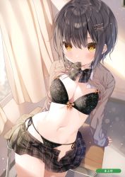Rule 34 | 1girl, absurdres, arm support, artist name, black bra, black hair, black panties, blush, bow, bow bra, bra, breasts, brown eyes, brown sweater, clothes lift, collared shirt, curtains, day, desk, grey bow, grey skirt, groin, hair between eyes, hair ornament, hairclip, highres, indoors, long sleeves, looking at viewer, mafuyu (chibi21), medium breasts, melonbooks, mouth hold, navel, on desk, open clothes, open skirt, original, panties, plaid, plaid bow, plaid skirt, pleated skirt, scan, school desk, school uniform, shirt, shirt lift, side-tie panties, skirt, sleeves past wrists, solo, sunlight, sweater, sweater lift, underwear, white shirt, x hair ornament