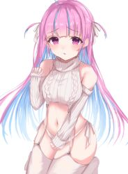 Rule 34 | 1girl, ahoge, bare shoulders, blue hair, blunt bangs, blush, breasts, colored inner hair, commentary request, covering crotch, covering privates, cowboy shot, curvy, detached sleeves, hair ribbon, hand up, highres, hololive, kneeling, koto k k, long hair, looking at viewer, medium breasts, meme attire, minato aqua, multicolored hair, navel, panties, parted lips, pink hair, purple eyes, ribbon, shy, side-tie panties, simple background, sleeves past wrists, solo, straight hair, streaked hair, thighs, turtleneck, two side up, underwear, very long hair, virgin destroyer sweater, virtual youtuber, white background, white panties, white ribbon