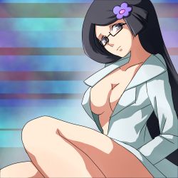 Rule 34 | 10s, 1girl, breasts, cleavage, creatures (company), female focus, fennel (pokemon), game freak, glasses, gradient background, grey eyes, grey hair, lab coat, legs, light smile, long hair, looking at viewer, nintendo, pokemon, pokemon bw, solo, syotar0