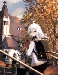 Rule 34 | 1girl, absurdres, autumn, autumn leaves, backpack, bag, black bag, black skirt, blurry, blurry foreground, blush, building, cloud, cloudy sky, commentary request, falling leaves, floating clothes, floating hair, fur collar, fur trim, hair between eyes, highres, holding, holding bag, jacket, leaf, long hair, looking at viewer, looking back, original, outdoors, pantyhose, parted lips, pleated skirt, red pantyhose, skirt, sky, solo, stairs, standing, straight hair, tokiwa shirube, tree, white hair, white jacket, wind, yellow eyes