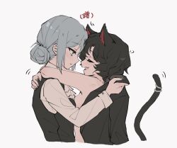 Rule 34 | 2girls, animal ear fluff, animal ears, arms around neck, ascot, black jacket, blush, breasts, cat ears, cat girl, cat tail, closed eyes, clothed female nude female, dressing another, face-to-face, forehead-to-forehead, grey eyes, grey hair, hair bun, happy, heads together, highres, hug, jacket, kyan (wstckhl), looking at another, multiple girls, naked jacket, no headwear, nude, open mouth, reverse:1999, schneider (reverse:1999), small breasts, smile, tail, tail ornament, tail ring, tail wagging, vertin (reverse:1999), vest, white ascot, white background, yuri