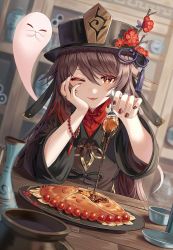 Rule 34 | 1girl, black coat, black hat, blush, breasts, brown hair, coat, flower, food, genshin impact, ghost, hat, hat flower, hu tao (genshin impact), long hair, long sleeves, looking at viewer, one eye closed, plate, plum blossoms, red eyes, silence girl, small breasts, smile, solo, symbol-shaped pupils, table, twintails, very long hair