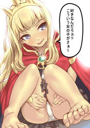 Rule 34 | 10s, 1girl, bare legs, barefoot, blonde hair, bloom, blush, cagliostro (granblue fantasy), cape, feet, foot focus, granblue fantasy, hairband, hands on thighs, highres, knees together feet apart, long hair, looking away, looking to the side, nekotama1987, panties, partially visible vulva, purple eyes, simple background, sitting, smile, solo, speech bubble, spikes, toe scrunch, toenails, toes, tongue, tongue out, translated, underwear, white background, white panties