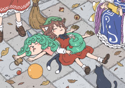 Rule 34 | 4girls, animal, animal ear fluff, animal ears, animal nose, ball, blush stickers, bow, bowtie, broom, brown hair, cat, cat ears, cat tail, cellphone, chen, closed eyes, day, drooling, earrings, geta, green hair, hakurei reimu, hat, holding, holding phone, horns, inuno rakugaki, jewelry, komano aunn, long hair, lying, lying on person, medium hair, multiple girls, multiple tails, nekomata, on back, on ground, on stomach, outdoors, parted lips, phone, shirt, shoes, single earring, single horn, skirt, sleeping, smartphone, squatting, standing, tail, taking picture, touhou, toy, two tails, very long hair, yakumo ran