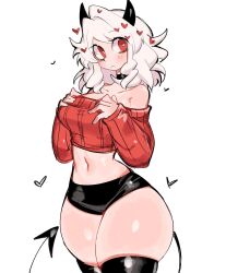Rule 34 | 1girl, blush, breasts, closed mouth, crop top, demon girl, demon horns, demon tail, heart, heart-shaped pupils, helltaker, highres, horns, latex, latex thighhighs, medium breasts, modeus (helltaker), navel, red eyes, solo, sweater, symbol-shaped pupils, tail, taut clothes, thick thighs, thighhighs, thighs, usa37107692, white background, white hair