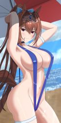 Rule 34 | 1girl, absurdres, alternate costume, alternate hairstyle, animal ears, arm strap, arms behind head, bad id, bad pixiv id, beach, beach umbrella, blue bow, blue one-piece swimsuit, blue sky, blue slingshot swimsuit, blush, bow, breasts, brown hair, cleavage, cloud, daiwa scarlet (umamusume), day, hair bow, hair in own mouth, highres, horse ears, horse girl, horse tail, large breasts, long hair, looking at viewer, md5 mismatch, ocean, one-piece swimsuit, outdoors, ponytail, red eyes, resolution mismatch, sky, slingshot swimsuit, smile, solo, source larger, suzhi2333, swimsuit, tail, thigh strap, tiara, umamusume, umbrella, very long hair