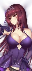 Rule 34 | 1girl, bad id, bad twitter id, bare shoulders, black panties, blush, breasts, choker, cleavage, clothing aside, collarbone, dress, dress aside, dress tug, elbow gloves, fate/grand order, fate (series), flower, gem, gloves, hair between eyes, hair flower, hair ornament, highres, lace, lace panties, large breasts, lingerie, long hair, looking at viewer, lying, mallizmora, on back, panties, purple dress, purple flower, purple gloves, purple hair, red eyes, red gemstone, scathach (fate), scathach (formal dress) (fate), smile, solo, tiara, underwear, very long hair