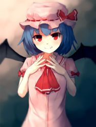 Rule 34 | 1girl, ascot, bat wings, blue hair, dress, fang, hands on own chest, hat, hat ribbon, highres, looking at viewer, mob cap, pink dress, puffy sleeves, red eyes, remilia scarlet, ribbon, shone, short sleeves, smile, solo, touhou, wings