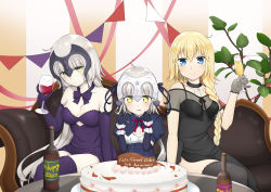 Rule 34 | 3girls, absurdres, ahoge, anniversary, bare shoulders, black dress, black gloves, black legwear, blonde hair, blue eyes, blush, bottle, bow, braid, breasts, cake, champagne flute, collarbone, commentary request, couch, cup, dress, drinking glass, elbow gloves, fate/grand order, fate (series), food, gloves, headpiece, highres, jeanne d&#039;arc (fate), jeanne d&#039;arc (formal dress) (fate), jeanne d&#039;arc (ruler) (fate), jeanne d&#039;arc alter (avenger) (fate), jeanne d&#039;arc alter (fate), jeanne d&#039;arc alter (holy night supper) (fate), jeanne d&#039;arc alter santa lily (fate), jeanne d&#039;arc alter santa lily (memory of qualia) (fate), long hair, looking at viewer, medium breasts, multiple girls, pale skin, purple bow, purple dress, purple gloves, purple legwear, purple ribbon, ribbon, silver hair, single braid, sitting, smile, sparkling eyes, table, thighhighs, very long hair, wine bottle, wine glass, yellow eyes, yukipoyogorira