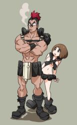 Rule 34 | 1boy, 1girl, abs, armband, bandaid, bandaid on face, bandaid on nose, biceps, black armband, black footwear, black hair, boots, brown eyes, brown hair, chest harness, crossed arms, earrings, full body, green background, gyosone, harness, height difference, highres, jewelry, kill la kill, kinagase tsumugu, looking at another, mankanshoku mako, mohawk, multicolored hair, muscular, muscular male, red hair, short hair, simple background, single shoulder pad, smoking, two-tone hair, very short hair