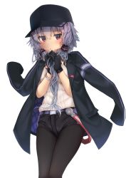 Rule 34 | 1girl, :&lt;, a.i. voice, absurdres, black headwear, black jacket, black pantyhose, black shorts, blush, closed mouth, feet out of frame, highres, holding, holding hair, isurugi gen, jacket, jacket on shoulders, looking at viewer, open clothes, open jacket, own hands together, pantyhose, pantyhose under shorts, pink eyes, purple hair, shirt, short hair with long locks, short shorts, shorts, sidelocks, simple background, solo, standing, v-shaped eyebrows, white background, white shirt, yuzuki yukari, yuzuki yukari (nagi)