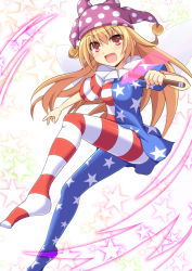 Rule 34 | 1girl, american flag dress, american flag legwear, blonde hair, clownpiece, cross (crossryou), fairy wings, hat, jester cap, long hair, md5 mismatch, open mouth, pantyhose, red eyes, smile, solo, star (symbol), striped clothes, striped pantyhose, torch, touhou, very long hair, wings