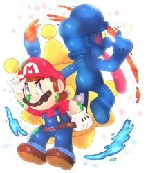 Rule 34 | 2boys, angry, artist name, back-to-back, blue eyes, clone, f.l.u.d.d., facial hair, full body, gloves, hat, highres, mario, mario (series), multiple boys, mustache, nintendo, overalls, paint, paintbrush, red eyes, shadow mario, shine sprite, super mario sunshine, water