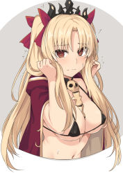 Rule 34 | 1girl, between breasts, bikini, black bikini, blonde hair, blush, bow, breasts, cape, cleavage, closed mouth, collarbone, detached collar, earrings, ereshkigal (fate), fate/grand order, fate (series), gold trim, hair bow, holding, holding hair, hood, hooded cape, hoop earrings, infinity symbol, jewelry, large breasts, long hair, looking at viewer, micro bikini, navel, necklace, parted bangs, red bow, red cape, red eyes, shiseki hirame, skull, solo, spine, swimsuit, two side up