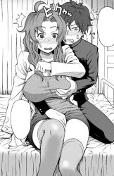 Rule 34 | 1boy, 1girl, bed, blank speech bubble, grabbing another&#039;s breast, breasts, character request, comic, grabbing, greyscale, hetero, huge breasts, itou eito, kusanagi tonbo, monochrome, pencil skirt, school uniform, skirt, speech bubble, thighhighs