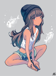 Rule 34 | 1girl, air bubble, bad id, bad pixiv id, barefoot, beanie, brown hair, bubble, butterfly sitting, crop top, dark-skinned female, dark skin, denim, denim shorts, feet, feet together, fish bone, full body, grey background, hands on feet, hat, highres, hime cut, knees apart feet together, leaning forward, long hair, looking at viewer, midriff, nanakawa (nanasoon), open fly, original, sandals, short shorts, shorts, simple background, sitting, sleeveless, solo, tank top, unbuttoned
