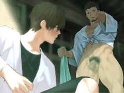 Rule 34 | 2boys, bara, black hair, blank censor, blur censor, bottomless, censored, facial hair, feet out of frame, flaccid, from below, goburin second, happi, harumi (goburin second), highres, holding, holding towel, japanese clothes, kimono, large pectorals, looking at another, male focus, male pubic hair, multiple boys, muscular, muscular male, naked kimono, navel, original, partially undressed, pectorals, pubic hair, see-through, shadow, short hair, standing, sunlight, thick thighs, thighs, thighs together, towel, wet, wet clothes, wet kimono, wide sleeves, yaoi