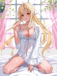 Rule 34 | 1girl, :d, alternate costume, bed sheet, blonde hair, blush, bow, breasts, cleavage, curtains, dark-skinned female, dark skin, dot nose, frilled sleeves, frills, hair bow, high ponytail, highres, hololive, kneeling, large breasts, leaf, light particles, long hair, looking at viewer, monokawa (iurl1z), multicolored hair, navel, nightgown, no bra, open clothes, open mouth, panties, pointy ears, ribbon, shiranui flare, sidelocks, smile, solo, streaked hair, underwear, virtual youtuber, white bow, white nightgown, white panties, white ribbon, window