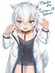 Rule 34 | 1girl, ahoge, animal ear fluff, animal ears, aoinu (aoinu 99), black shirt, blue eyes, claw pose, collar, cowboy shot, fang, hair between eyes, hands up, highres, leash, looking at viewer, medium hair, monochrome background, open mouth, original, shirt, simple background, skin fang, solo, sweater vest, tail, thank you, thigh gap, white background, white hair, white sweater vest