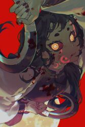 Rule 34 | 1girl, arm up, belt, black pants, blood, blood on clothes, blood on face, blood on hands, blood splatter, bloody weapon, breasts, chakram, colored sclera, crescent, demon girl, demon slayer uniform, dual wielding, facial mark, fangs, fangs out, feet out of frame, floating hair, full moon, hair over shoulder, haori, highres, holding, holding hoop, holding weapon, hoop, jacket, japanese clothes, kimetsu no yaiba, long hair, long sleeves, looking at viewer, medium breasts, midair, moon, night, original, pants, pleated pants, red background, red nails, red sclera, red sky, red theme, sky, slit pupils, solo, sword writing, twintails, weapon, white jacket, wulie errr, yellow eyes