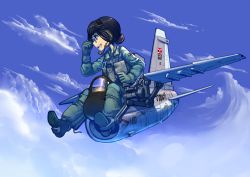 Rule 34 | 1girl, aircraft, airplane, aviator sunglasses, black hair, brown eyes, cloud, commentary, controller, day, erica (naze1940), fighter jet, flying, gloves, hair bun, hand on own forehead, hand up, headset, highres, jet, joystick, looking down, looking to the side, military, military uniform, military vehicle, open mouth, original, pen, pilot, pilot suit, profile, short hair, single hair bun, sitting, sky, smile, solo, sunglasses, thai flag, thai text, thailand, uniform, vehicle focus