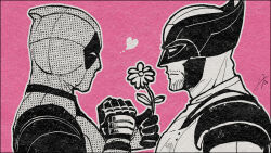 2boys azuko_(@zuco) beard bodysuit closed_mouth deadpool deadpool_&amp;_wolverine deadpool_(series) facial_hair flower giving_flower gloves heart highres holding holding_flower male_focus marvel marvel_cinematic_universe mask multiple_boys muscular muscular_male pink_background signature superhero_costume wolverine_(x-men) x-men yaoi