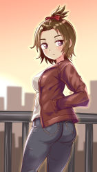 Rule 34 | 1girl, alternate hairstyle, ass, breasts, brown eyes, brown hair, city, cougar (cougar1404), denim, from behind, hands in pockets, jacket, jeans, looking at viewer, looking back, medium breasts, pants, shiny clothes, short hair, sideboob, solo, standing