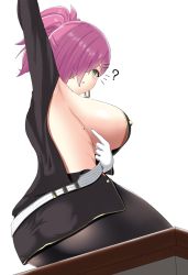 Rule 34 | 1girl, ?, arm up, armpits, azur lane, black jacket, black pantyhose, black skirt, breasts, earrings, from behind, green eyes, hair over one eye, highres, huge breasts, jacket, jewelry, long hair, looking at viewer, looking back, military, military uniform, miniskirt, mole on body, pantyhose, pencil skirt, pink hair, ponytail, presenting armpit, shirt overhang, sideboob, simple background, sitting, skirt, solo, tomohiro (duo), trieste (azur lane), uniform, white background