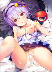Rule 34 | 1girl, bare shoulders, blush, breasts, breasts out, collarbone, convenient censoring, dress, eyeball, hairband, heart, komeiji satori, looking at viewer, lying, masa (miyabitei), nipples, no panties, on back, purple eyes, purple hair, short hair, small breasts, solo, spread legs, sweat, third eye, touhou, triangle mouth, white dress