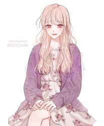 Rule 34 | 1girl, bad id, bad twitter id, blonde hair, boychaaa, cardigan, casual, commission, crossed legs, dress, fashion, floral dress, floral print, hands on lap, long hair, original, pink hair, portrait, purple cardigan, red eyes, solo, sundress, sweater, white background, white dress