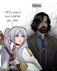 Rule 34 | 1boy, 1girl, absurdres, alan wake, alan wake (game), arms at sides, beard, black hair, capelet, collared shirt, commentary, crossover, dangle earrings, drop earrings, earrings, elf, english commentary, english text, facial hair, frieren, grey hair, highres, holding, holding staff, i think we&#039;re gonna have to kill this guy steven (meme), jacket, jewelry, kluverdesigns, long hair, long sleeves, mage staff, meme, necktie, open clothes, open jacket, parted bangs, parted lips, pointy ears, shirt, short hair, sousou no frieren, staff, twintails, upper body, white capelet, wing collar