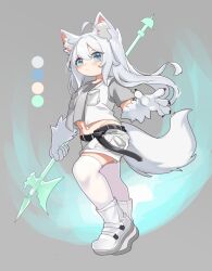 Rule 34 | 1girl, ahoge, animal ear fluff, animal ears, animal hands, belly, belt, belt buckle, black belt, blue eyes, blush, breast pocket, buckle, closed mouth, color guide, commentary request, from side, full body, furry, furry female, grey shirt, hair between eyes, highres, holding, holding polearm, holding weapon, long hair, original, pocket, polearm, sakurami sumi, shirt, short sleeves, shorts, sidelocks, solo, stomach, thighhighs, vest, weapon, white footwear, white hair, white shorts, white thighhighs, white vest