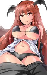 Rule 34 | 1girl, :q, arms behind back, bat wings, black bra, black panties, black skirt, bra, breasts, cleavage, clothes pull, commentary request, head wings, highres, koakuma, large breasts, licking lips, long hair, looking at viewer, navel, one-hour drawing challenge, open clothes, open shirt, panties, red eyes, red hair, shirt, simple background, skirt, skirt pull, solo, tongue, tongue out, touhou, underwear, white background, white shirt, wings, y2