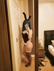 Rule 34 | animal ears, asymmetrical legwear, bare shoulders, bedroom, blue hair, breasts, byleth (female) (fire emblem), byleth (fire emblem), byleth (fire emblem) (cosplay), cleavage, cosplay, cosplay photo, fake animal ears, fake bunny ears, fire emblem, fire emblem: three houses, gluteal fold, highleg, highleg leotard, highres, holding, holding phone, iloveballs666, leaning to the side, leotard, long hair, messy room, mirror image, mirror reflection, nintendo, ok sign, pantyhose, phone, photo (medium), playboy bunny, playboy bunny swimsuit, rabbit tail, selfie, strapless, strapless leotard, thick thighs, thighs, uneven legwear, wide hips