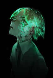Rule 34 | 1other, amo (silent bomb19), androgynous, bad id, bad pixiv id, black background, black necktie, collared shirt, crack, dark, eyelashes, formal, gem, glowing, glowing hair, green eyes, green hair, highres, houseki no kuni, looking up, necktie, parted bangs, parted lips, phosphophyllite, shirt, short hair, simple background, solo, suit, upper body, white shirt
