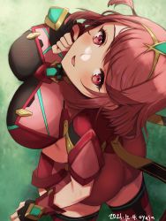 Rule 34 | 1girl, 2021, artist name, ass, black gloves, breasts, chest jewel, dated, earrings, female focus, fingerless gloves, gloves, highres, jewelry, large breasts, matching hair/eyes, pyra (xenoblade), red eyes, red hair, red shorts, red thighhighs, short hair, short shorts, shorts, solo, swept bangs, thighhighs, tiara, xenoblade chronicles (series), xenoblade chronicles 2, yamamori kinako