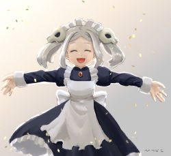 Rule 34 | 1girl, apron, bloody marie (skullgirls), brooch, confetti, dress, closed eyes, frilled apron, frilled dress, frills, grey background, grey hair, hair ornament, hitsujiko, jewelry, maid headdress, open mouth, outstretched arms, skull hair ornament, skullgirls, smile, solo, twintails, upper body