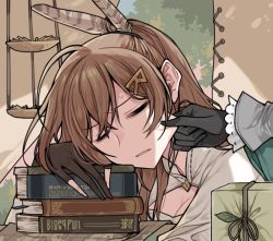 Rule 34 | 2girls, ahoge, black gloves, book, brown hair, cheek pinching, cleavage cutout, clipe, closed mouth, clothing cutout, feather hair ornament, feathers, gift, gloves, hair ornament, hairclip, hololive, hololive english, letter hair ornament, long hair, multiple girls, nanashi mumei, ouro kronii, pinching, ponytail, sleeping, solo focus, virtual youtuber