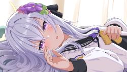 Rule 34 | 1girl, azusa (blue archive), blue archive, blush, commentary request, curtains, hair ornament, halo, highres, looking at viewer, lying, portrait, purple eyes, purple hair, reia 76, school uniform, solo, twitter username, white hair