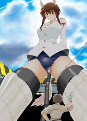Rule 34 | 1girl, animal ears, arms behind back, blush, breasts, brown eyes, brown hair, clothing aside, giant, giantess, large breasts, object insertion, one-piece swimsuit, panah, school swimsuit, smile, solo focus, strike witches, striker unit, swimsuit, swimsuit aside, tail, takei junko, vaginal, vaginal object insertion, world witches series