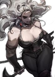 Rule 34 | 1girl, abs, artist request, axe, blonde hair, breasts, corset, dorohedoro, earrings, gloves, highres, jewelry, large breasts, long hair, looking at viewer, muscular, muscular female, navel, noi (dorohedoro), red eyes, simple background, smile, solo, white hair