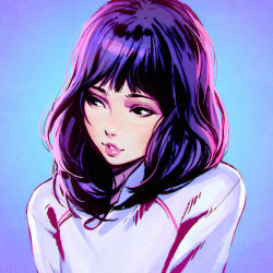 Rule 34 | 1girl, black eyes, blue background, blunt bangs, blush, character request, ilya kuvshinov, lipstick, long sleeves, looking away, makeup, parted lips, pink lips, purple background, purple hair, short hair, simple background, solo, sweater, teeth, upper body