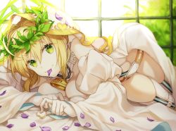Rule 34 | 10s, 1girl, ahoge, ass, belt, between breasts, blonde hair, blurry, breast press, breasts, chain, cleavage, depth of field, detached sleeves, dress, fate/extra, fate/extra ccc, fate/grand order, fate (series), gloves, green eyes, hair between eyes, head wreath, heart, heart print, holding, leaf, lock, long hair, looking at viewer, lying, mouth hold, nero claudius (bride) (fate), nero claudius (bride) (third ascension) (fate), nero claudius (fate), nero claudius (fate) (all), on side, padlock, panties, petals, puffy sleeves, see-through, smile, solo, thighhighs, underwear, veil, white dress, white gloves, white panties, white thighhighs, wide sleeves, window, wowishi