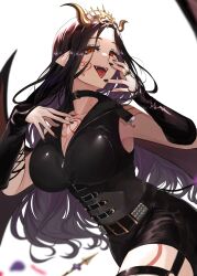 Rule 34 | 1girl, belt, black corset, black hair, breasts, cleavage, corset, demon horns, demon tail, demon wings, grin, hairband, heart, heart tattoo, highres, horns, lace, lace-trimmed legwear, lace trim, large breasts, long hair, looking at viewer, nekotokage, nijisanji, orange eyes, pointy ears, shirayuki tomoe, shirayuki tomoe (9th costume), shorts, smile, smug, solo, spiked hairband, spikes, tail, tattoo, thighhighs, virtual youtuber, wings