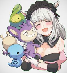 Rule 34 | 1girl, aipom, blush, breasts, cleavage, creatures (company), cropped torso, crossover, detached collar, closed eyes, facial mark, facing viewer, fang, final fantasy, final fantasy xiv, game freak, gen 2 pokemon, gloves, green hair, haruken, long hair, medium breasts, miqo&#039;te, mole, mole under eye, nintendo, open mouth, pokemon, pokemon (creature), strapless, stuffed animal, stuffed toy, upper body, white gloves, wooper