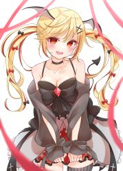 Rule 34 | 1girl, absurdres, black bow, black ribbon, blonde hair, blush, bow, bow bra, bra, breasts, choker, cleavage, collarbone, commentary, cross, crystal, demon girl, demon tail, demon wings, detached sleeves, dress, fang, frills, hair between eyes, hair bow, hair ribbon, head wings, highres, indie virtual youtuber, jewelry, kuroma mihana, lace, long hair, long sleeves, looking at viewer, medium breasts, multicolored hair, null maru, open mouth, pink ribbon, red bow, red eyes, red hair, ribbon, single thighhigh, sleeveless, sleeveless dress, sleeves past wrists, solo, streaked hair, tail, thighhighs, thighs, two side up, underwear, vampire, virtual youtuber, white background, wings