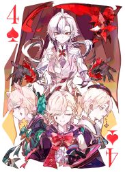 2boys 2girls absurdres arlecchino_(genshin_impact) blonde_hair card closed_eyes cocoballking freminet_(genshin_impact) genshin_impact highres lynette_(genshin_impact) lyney_(genshin_impact) multicolored_hair multiple_boys multiple_girls playing_card scythe two-tone_hair