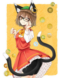 Rule 34 | 1girl, animal ears, bad id, bad nicoseiga id, bespectacled, bike shorts, brown hair, cat ears, cat girl, cat tail, chen, earrings, female focus, glasses, hat, jewelry, looking at viewer, multiple tails, nabeshima tetsuhiro, one eye closed, paw pose, short hair, single earring, smile, solo, tail, touhou, wink, yellow eyes