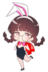 1girl akashi_rokurou animal_ears backpack bag black_hair black_leotard blush bow bowtie braid chibi commentary_request expressionless fake_animal_ears fishnet_pantyhose fishnets flat_chest full_body glasses highres leotard looking_at_viewer original pantyhose pink_eyes playboy_bunny rabbit_ears randoseru round_eyewear solo standing standing_on_one_leg twin_braids